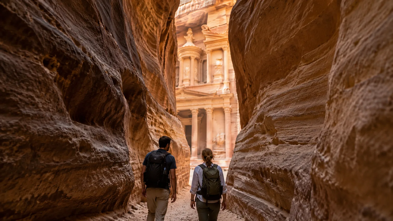 Adult visitors walking through Petra's narrow Siq toward the Treasury.