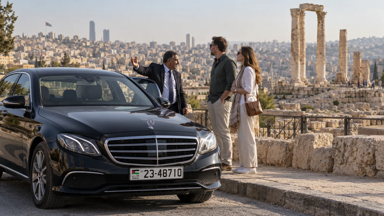 A black Mercedes-Benz sedan near the Amman Citadel viewpoint.