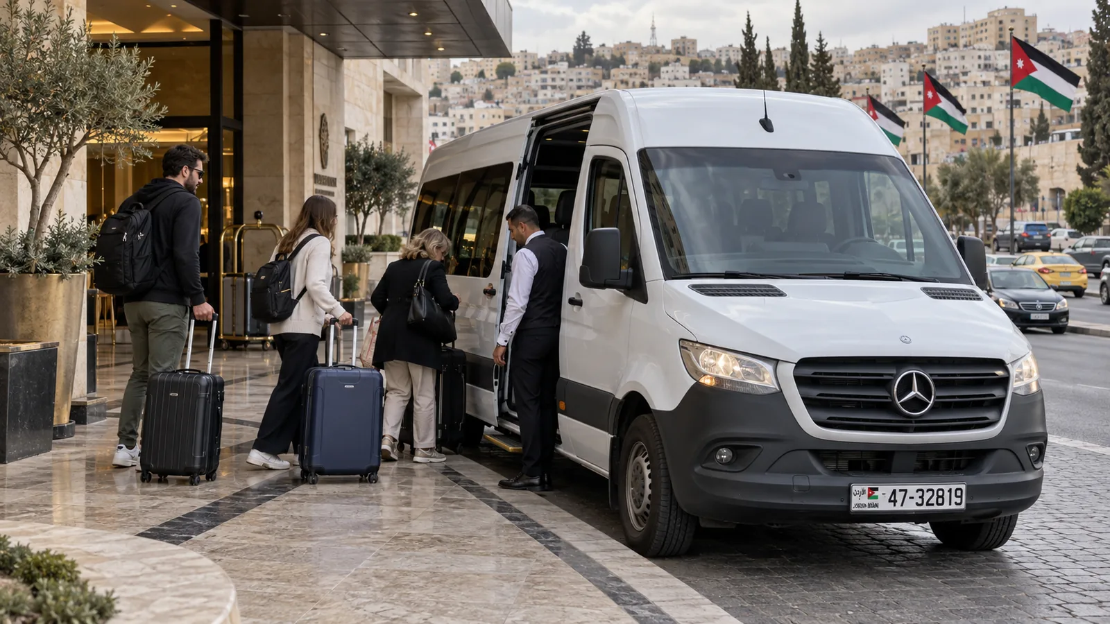 A Mercedes-Benz Sprinter collecting hotel guests in Amman.