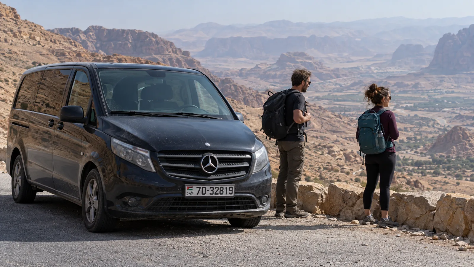 A Mercedes-Benz Vito stopped at a viewpoint on the King's Highway.