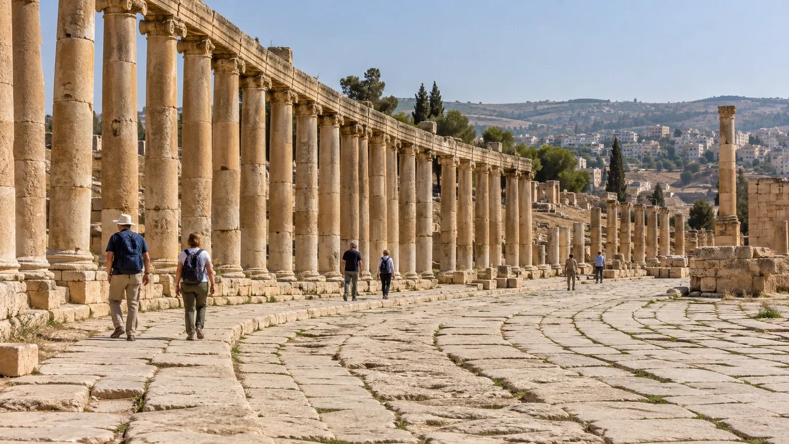 Visitors walking among the Roman columns at Jerash in Jordan.