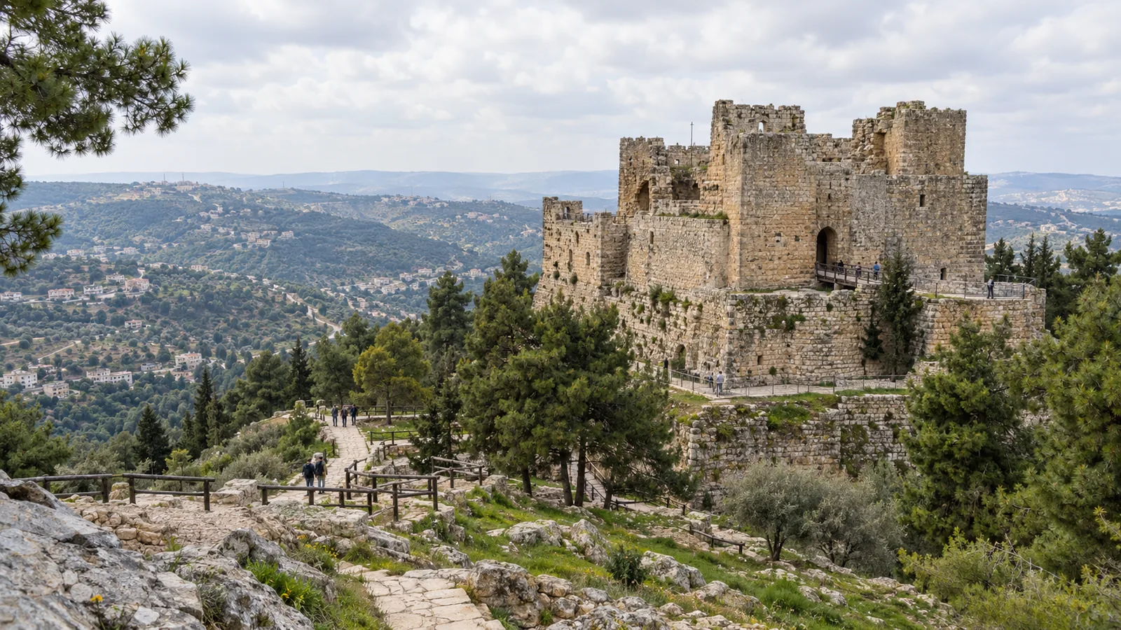 Ajloun Castle above the green hills of northern Jordan.