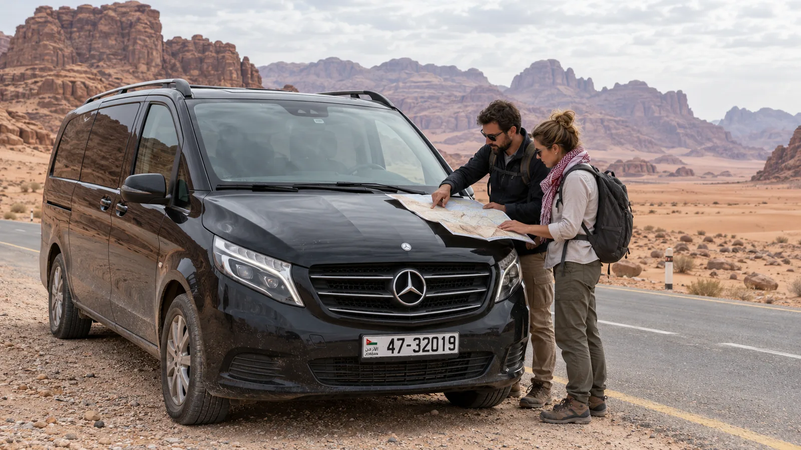 A Mercedes-Benz Vito on a road near Wadi Rum with travelers checking a map.