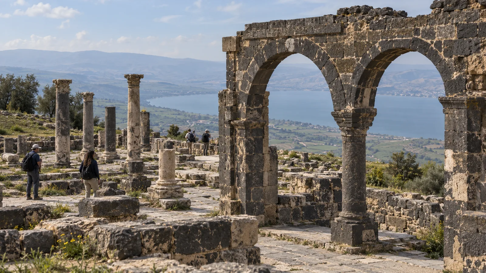 Basalt arches and ruins at Umm Qais overlooking the northern Jordan landscape.
