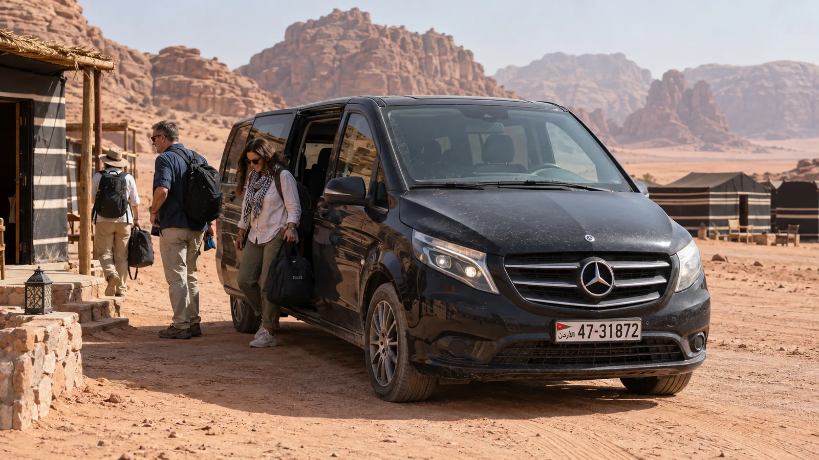 A Mercedes-Benz Vito outside a desert camp in Wadi Rum.