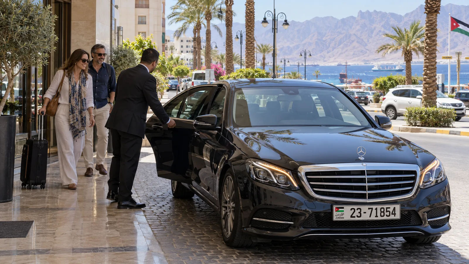 A Mercedes-Benz sedan arriving at a hotel in Aqaba.