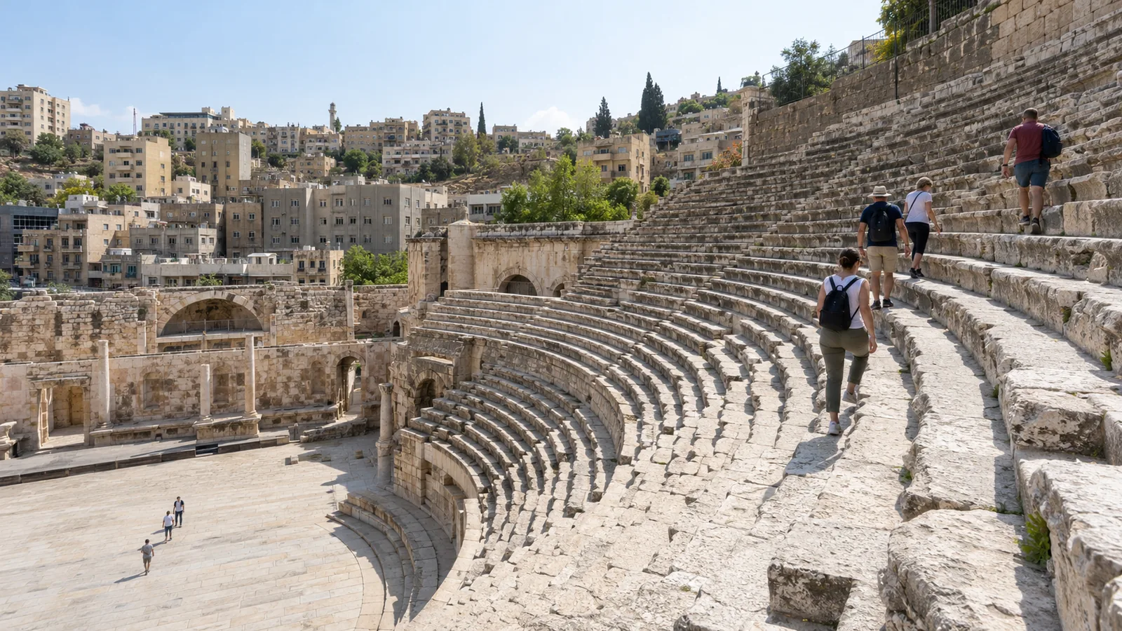 The Roman Theater in downtown Amman with visitors on the stone seating.
