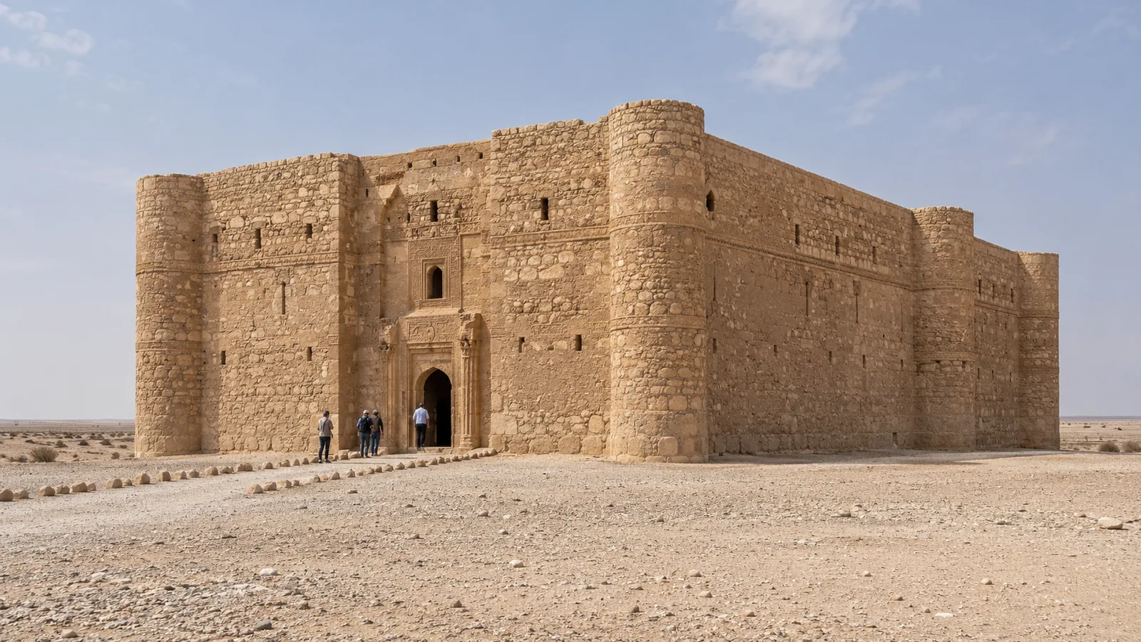 Qasr Kharana desert castle in Jordan viewed from the visitor approach.