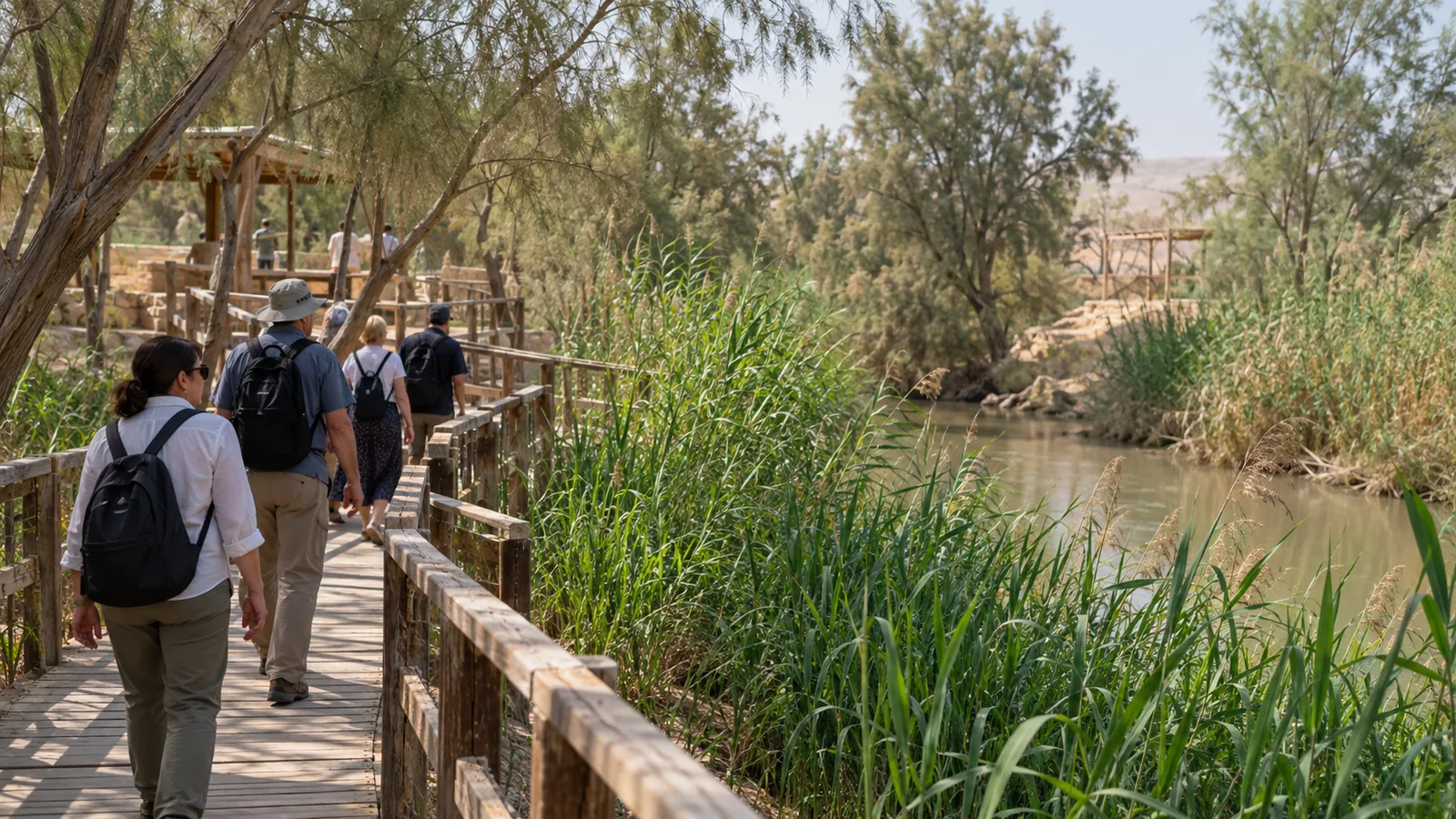 Adult visitors walking through the wooded path at Bethany Beyond the Jordan.