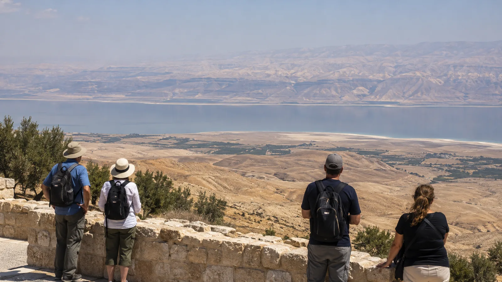 Visitors looking across the Dead Sea valley from Mount Nebo.