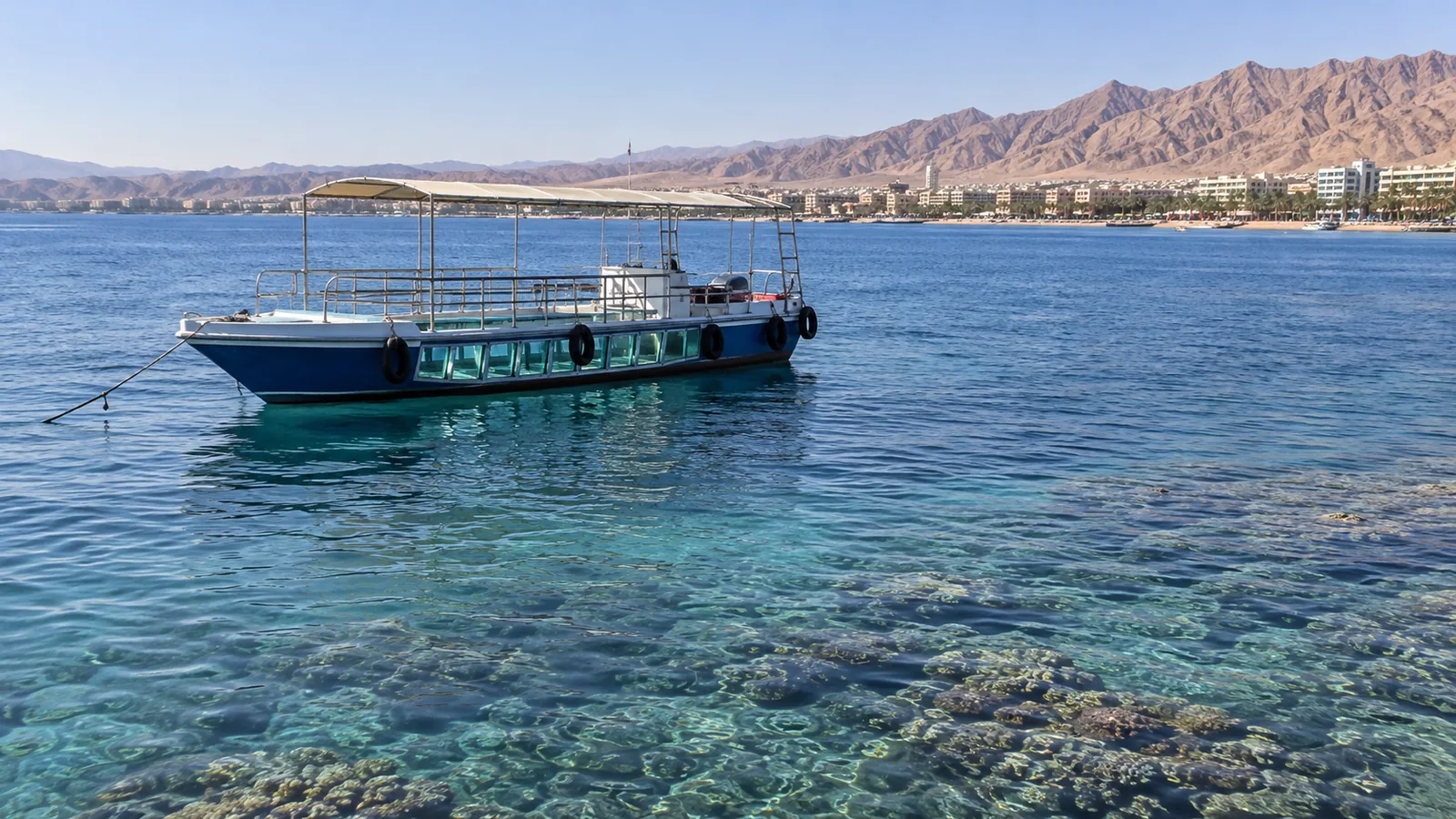 A small excursion boat on the Red Sea off Aqaba, Jordan.