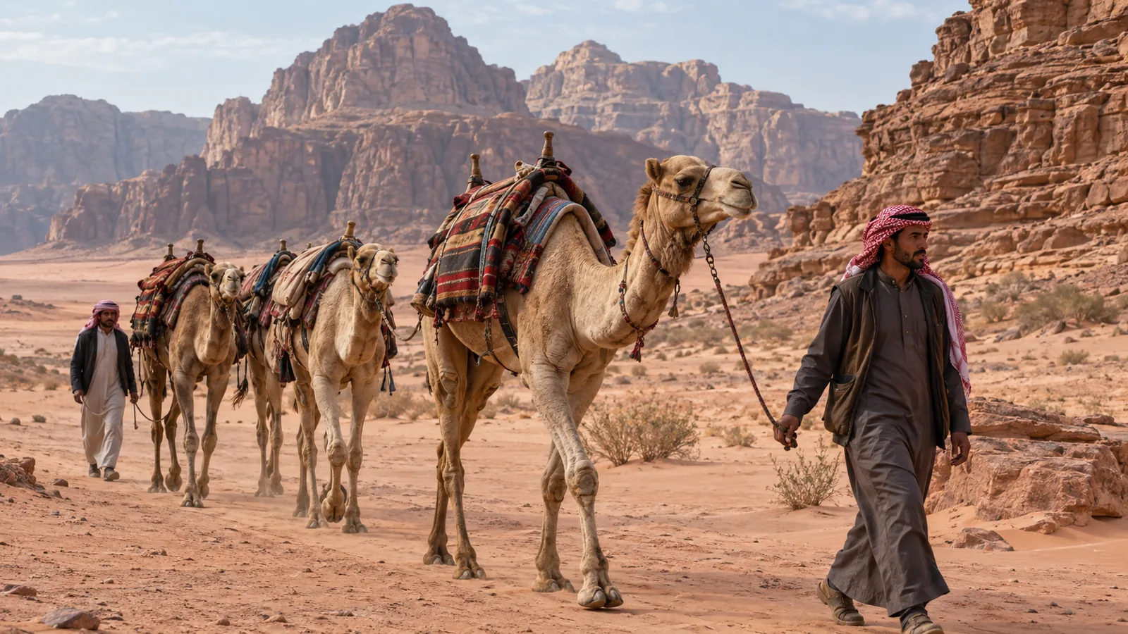 Bedouin guides leading camels along a path in Wadi Rum.