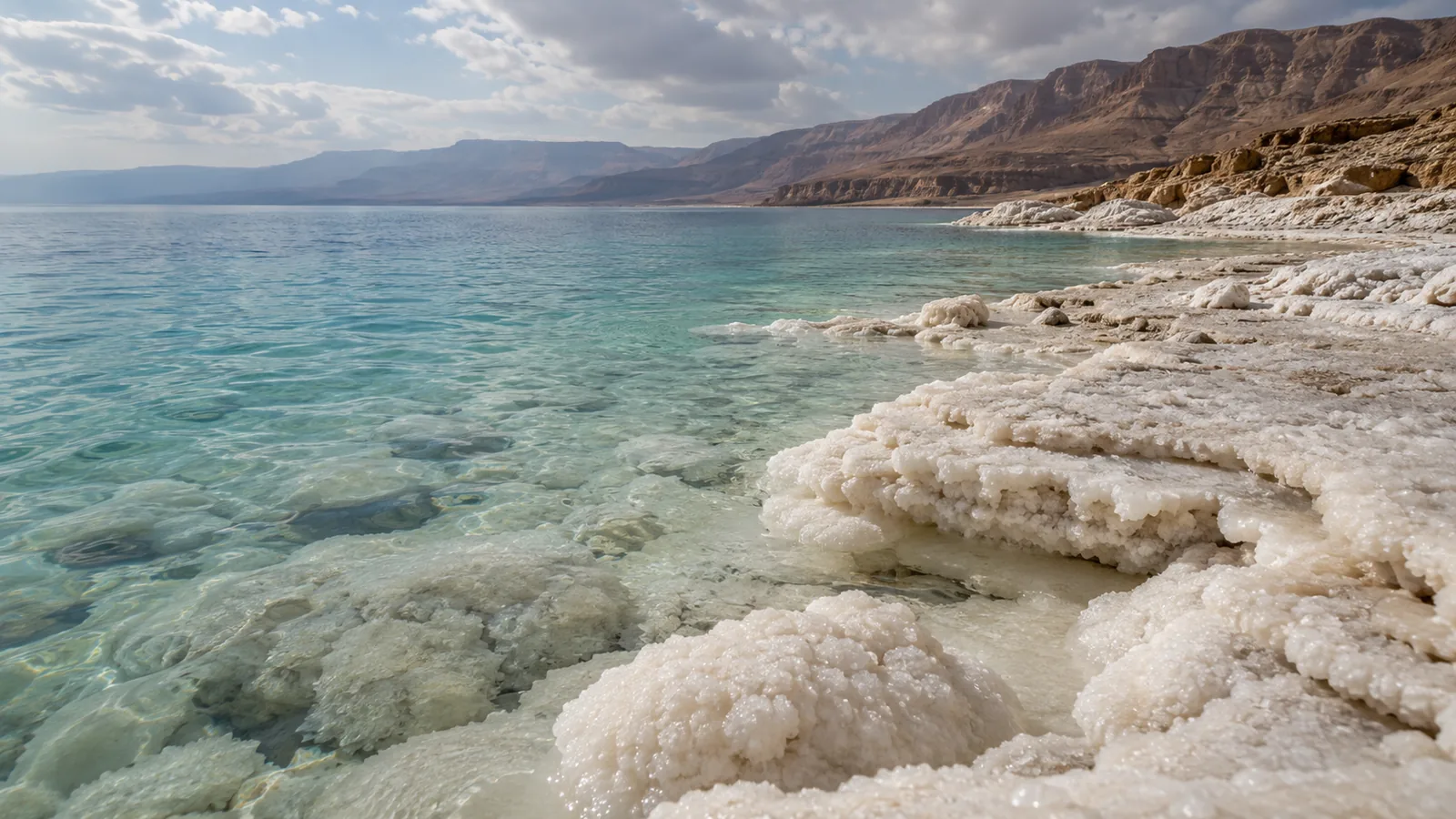 Natural salt formations along the Jordanian shore of the Dead Sea.